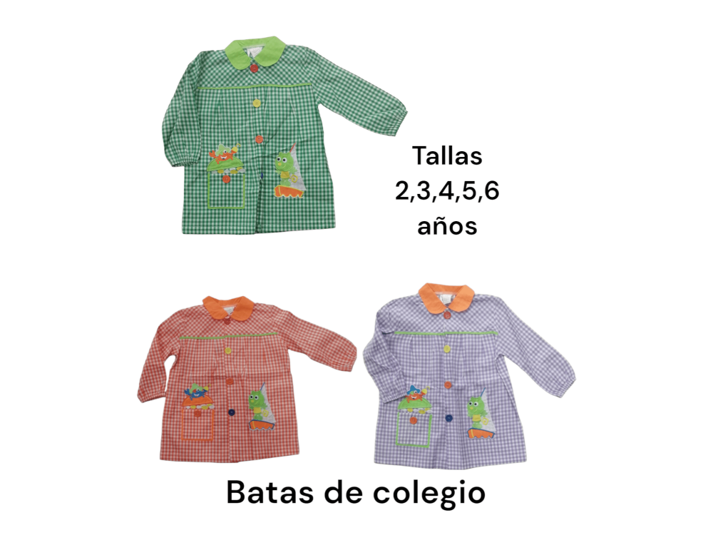 Batas de colegio en color verde, naranja y lila con estampado de animales del mar