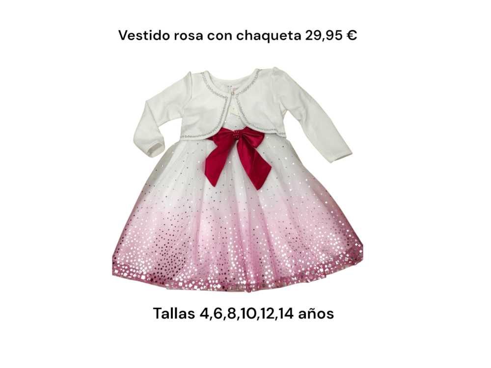 Vestido de ceremonia blanco con lazo en tono rosa fucsia y chaqueta blanca a juego