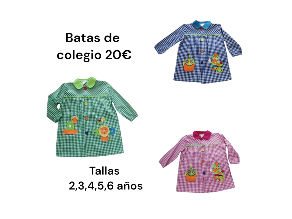 Batas de colegio de cuadros con dibujos de animalitos y robots en varios colores