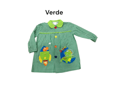Bata de cuadros en tonos verde con dibujos de dinosaurios