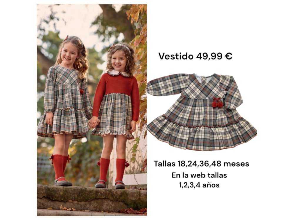 Vestido de cuadros de manga larga en tonos gris,crudo y naranja