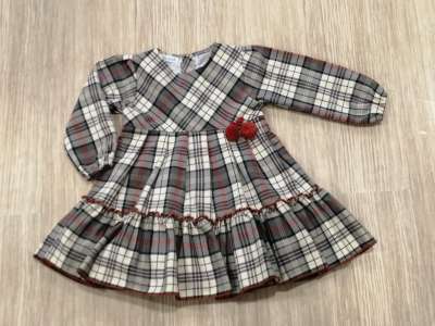 Vestido de cuadros de manga larga en tonos gris,crudo y naranja