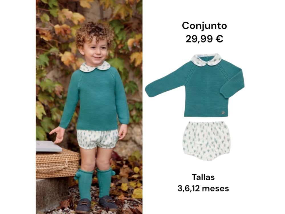 Jersey de punto en verde con cuello camisero blanco con dibujo de hojas a juego con el cubre pañal