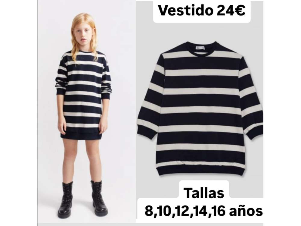 Una niña viste el vestido estilo sudadera de rayas marineras.