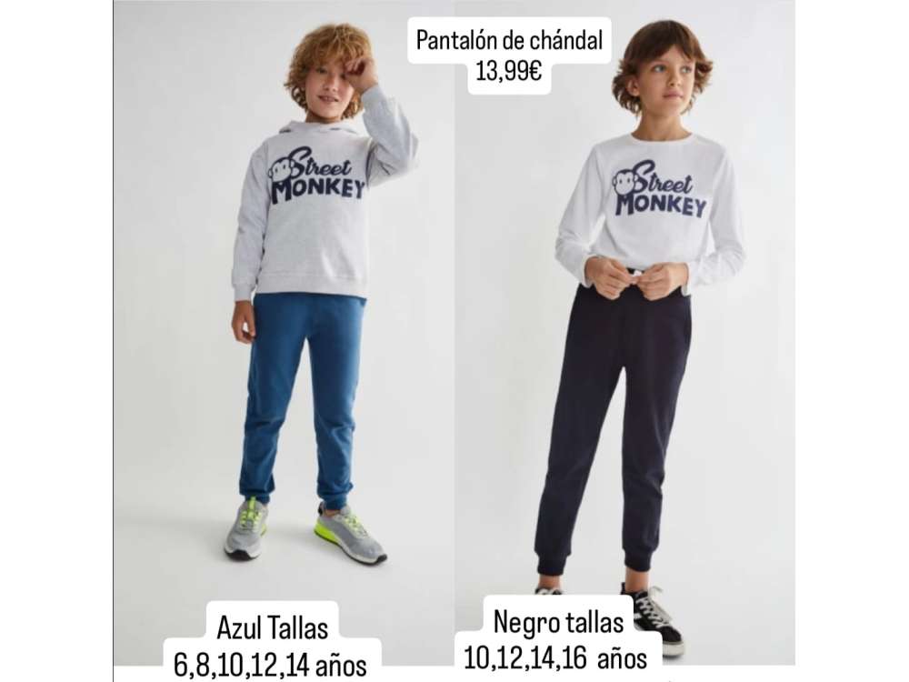 Los niños visten los pantalones de chándal en azul y negro