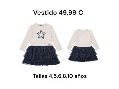 Vestido crudo con estrella en el pecho en color azul a juego con la falda de brillos