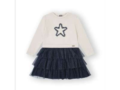 Vestido crudo con estrella en el pecho en color azul a juego con la falda de brillos