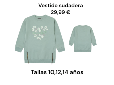 Vestido con forma de sudadera en ton verde con dibujo de flores crudas