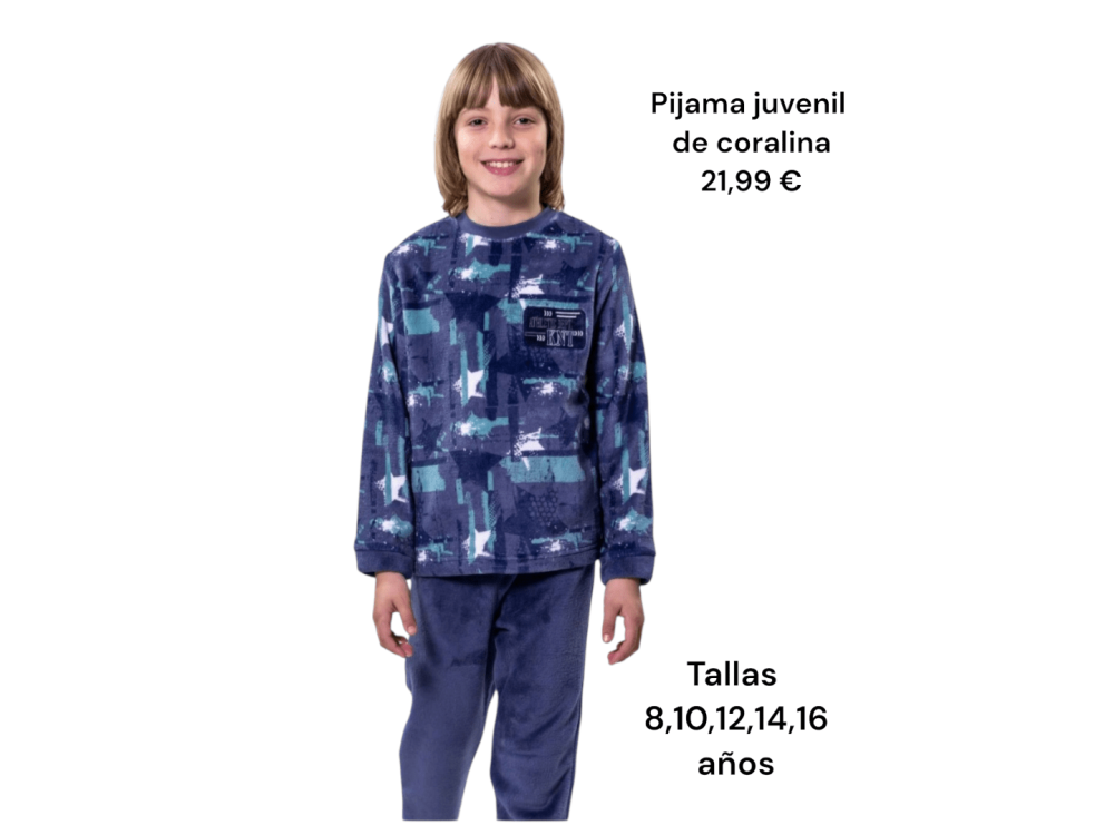 Pijama juvenil de dos piezas en tejido coralina en tonos azules