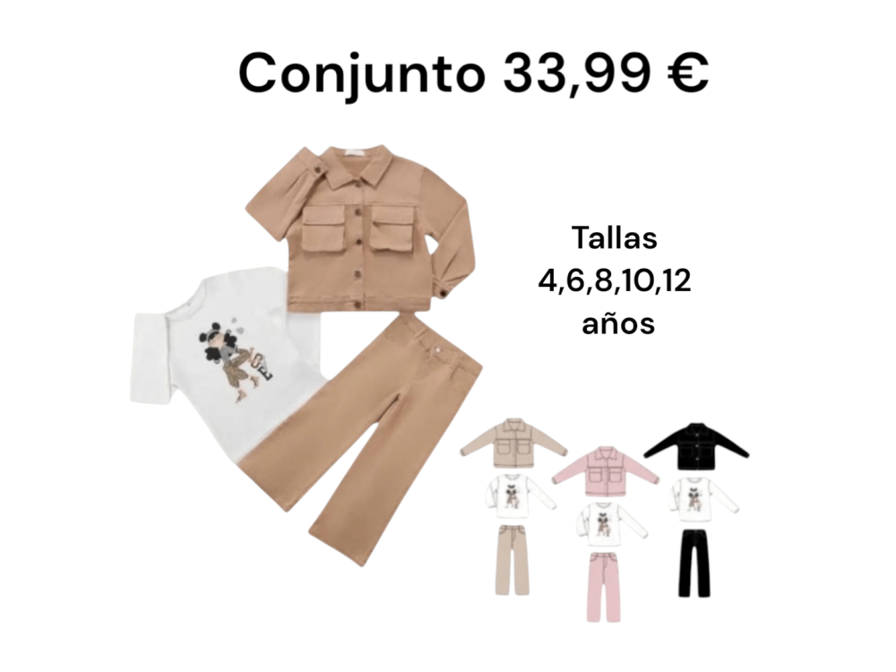 Conjunto de tres piezas compuesto por chaqueta, camiseta y pantalón de pata ancha
