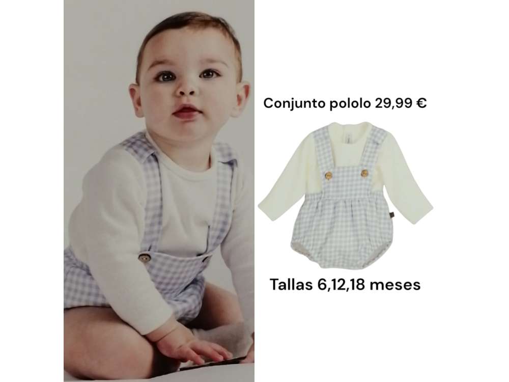 Un bebé viste el conjunto con pololo de cuadros en azul