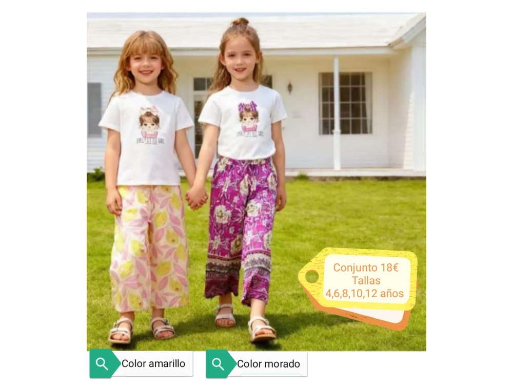 Dos niñas visten los conjuntos de pantalón de pata ancha con estampado