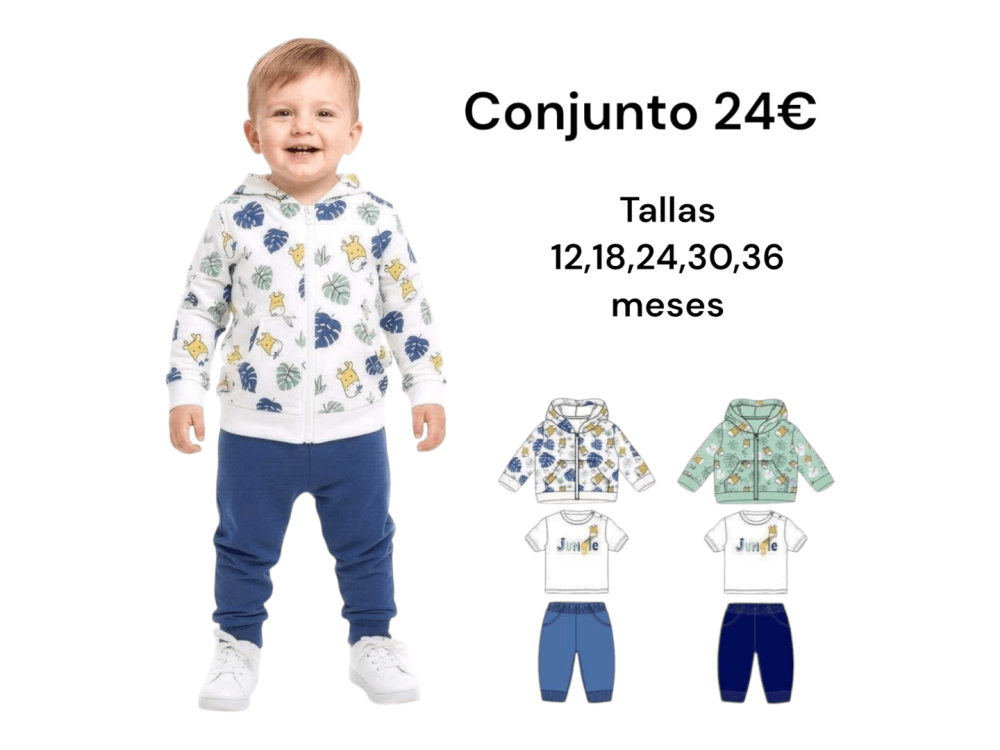 Un niño viste el conjunto azul con estampado de hojas y animales de la selva