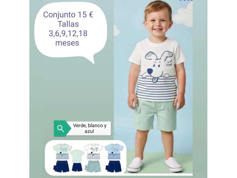 Un niño viste el conjunto corto de camiseta con dibujo de perrito y rayas a juego con el pantalón corto