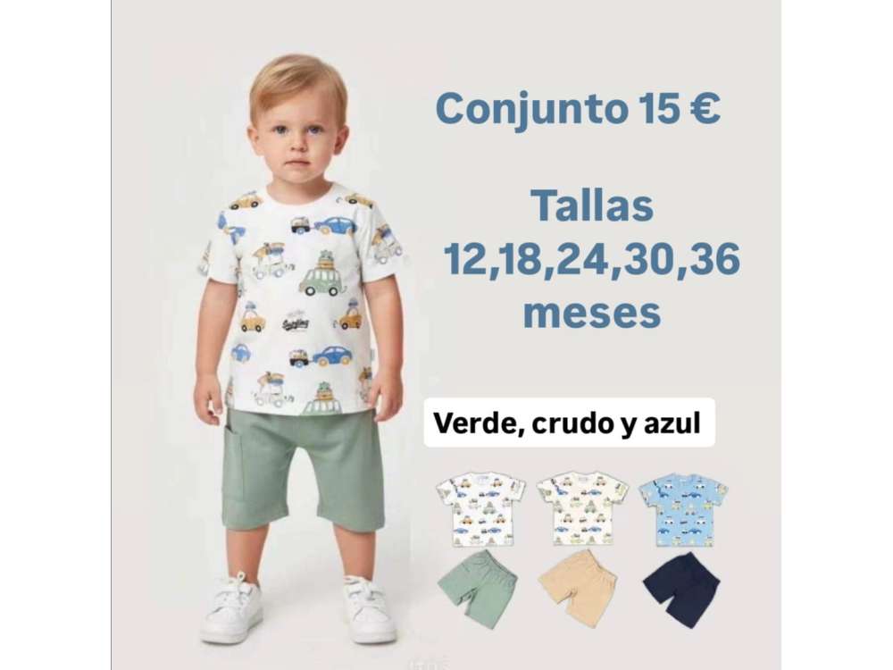 Un niño viste el conjunto verde de camiseta de manga corta con dibujo de coches y pantalón corto a juego