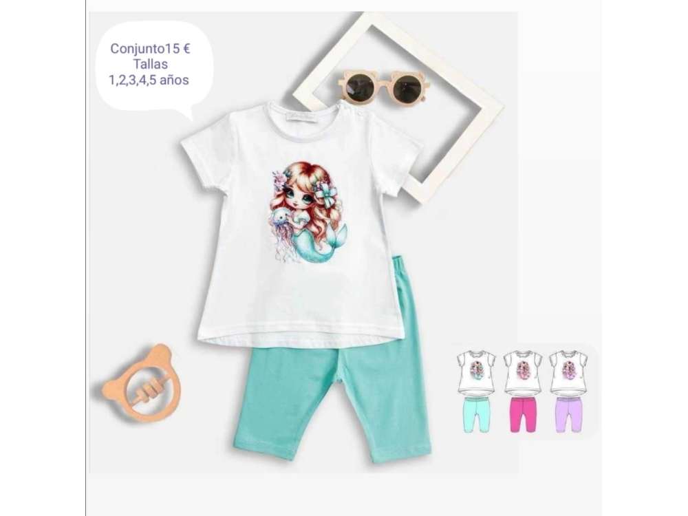 Camiseta blanca de manga corta con dibujo de sirena a juego con el pantalón pirata