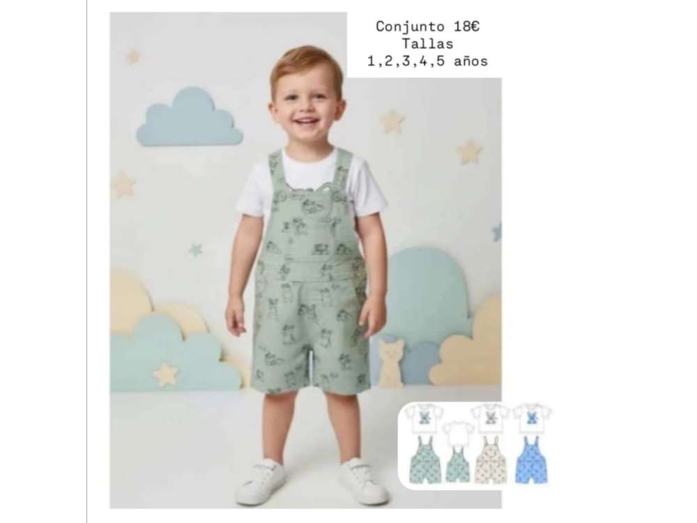 Un niño viste el conjunto de peto con camiseta de manga corta y estampado de perritos