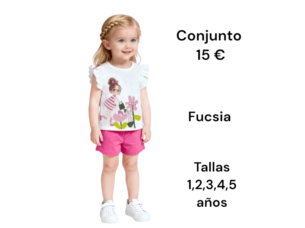 Una niña viste la camiseta blanca con dibujo y pantalón corto fucsia a juego