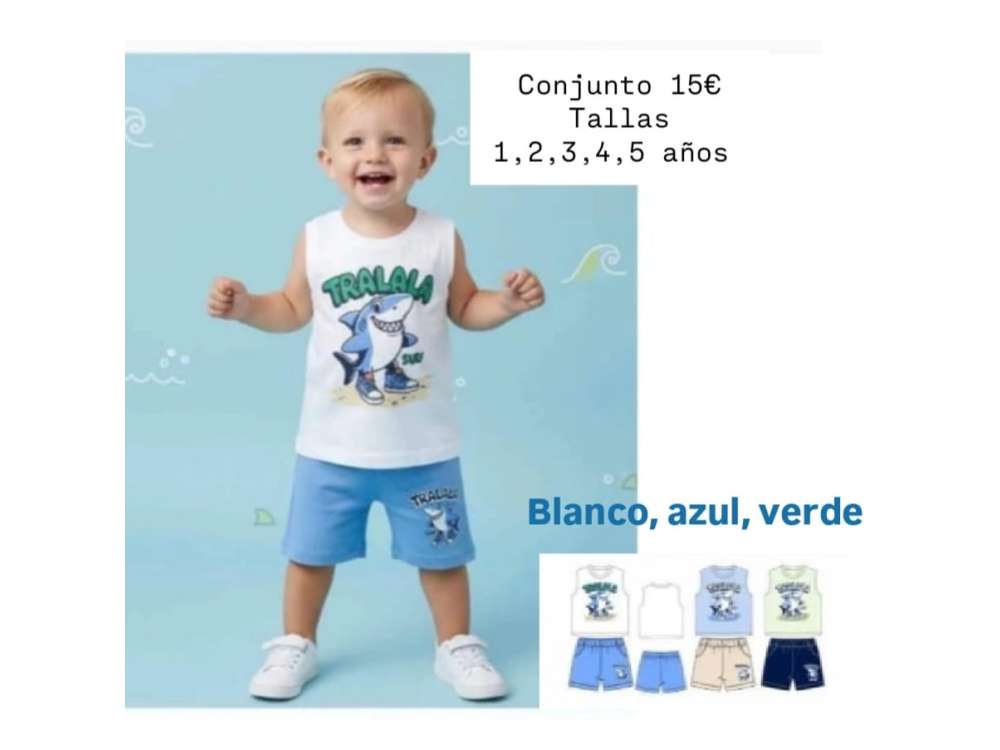 Un niño viste el conjunto de tirantes con dibujo de tiburón