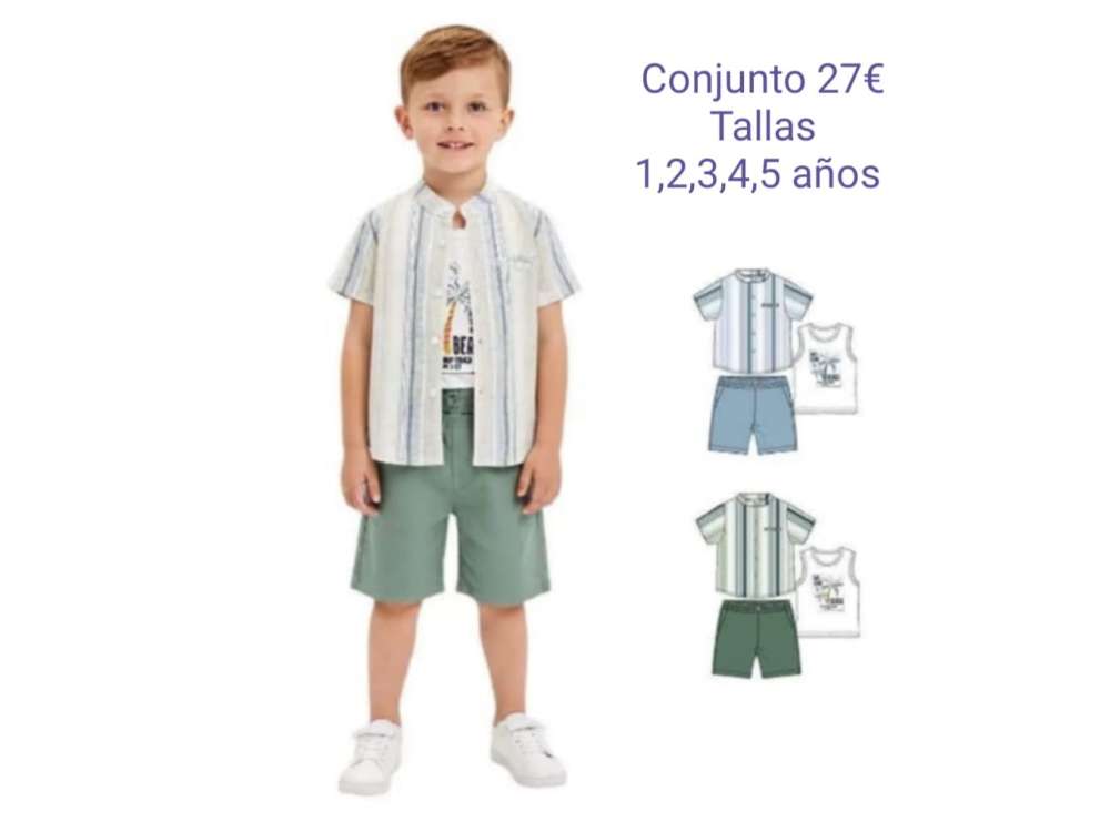Un niño viste el conjunto de tres piezas con camisa de rayas