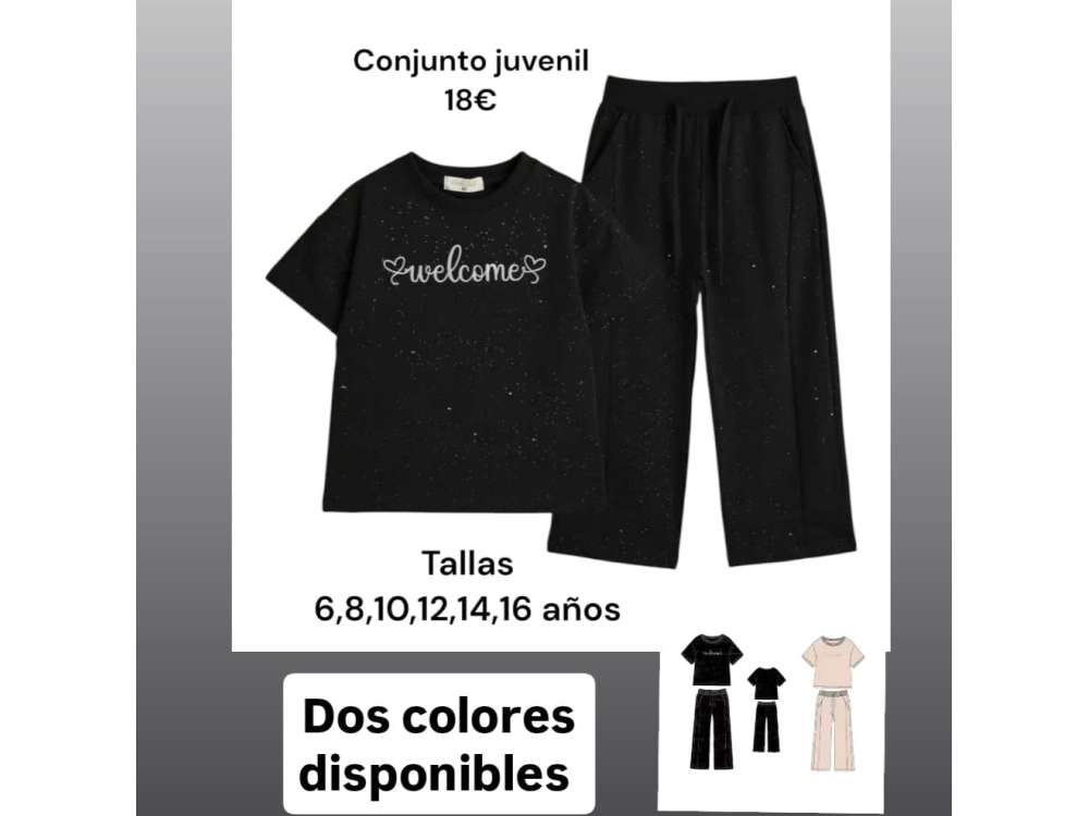 Conjunto negro con brillos de camiseta de manga corta y pantalón de pata ancha