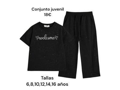 Conjunto negro con brillos de camiseta de manga corta y pantalón de pata ancha