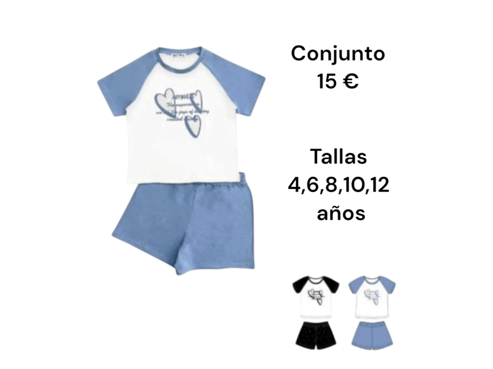 Camiseta de manga corta con dibujo de corazones con brillo a juego con la pantaloneta corta